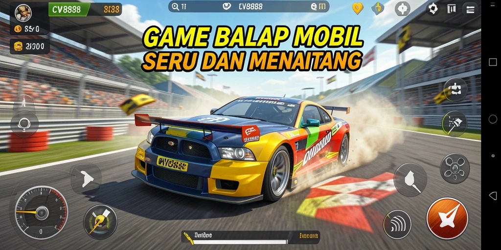 Gameplay seru CW8888 dengan mobil balap di trek menantang.