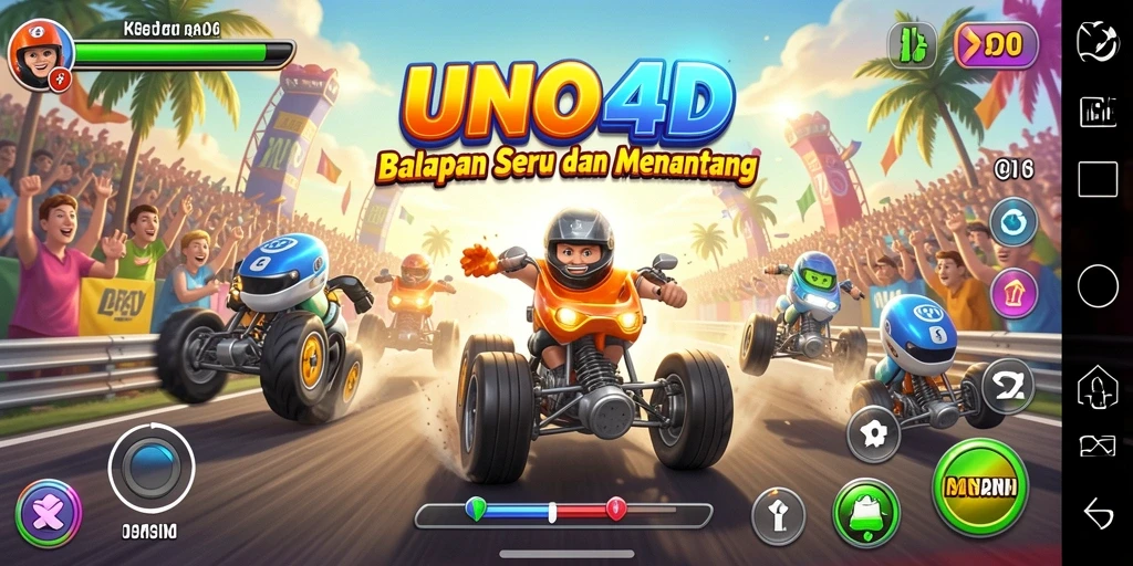 Tampilan gameplay balap seru di UNO4D dengan mobil yang melaju kencang.